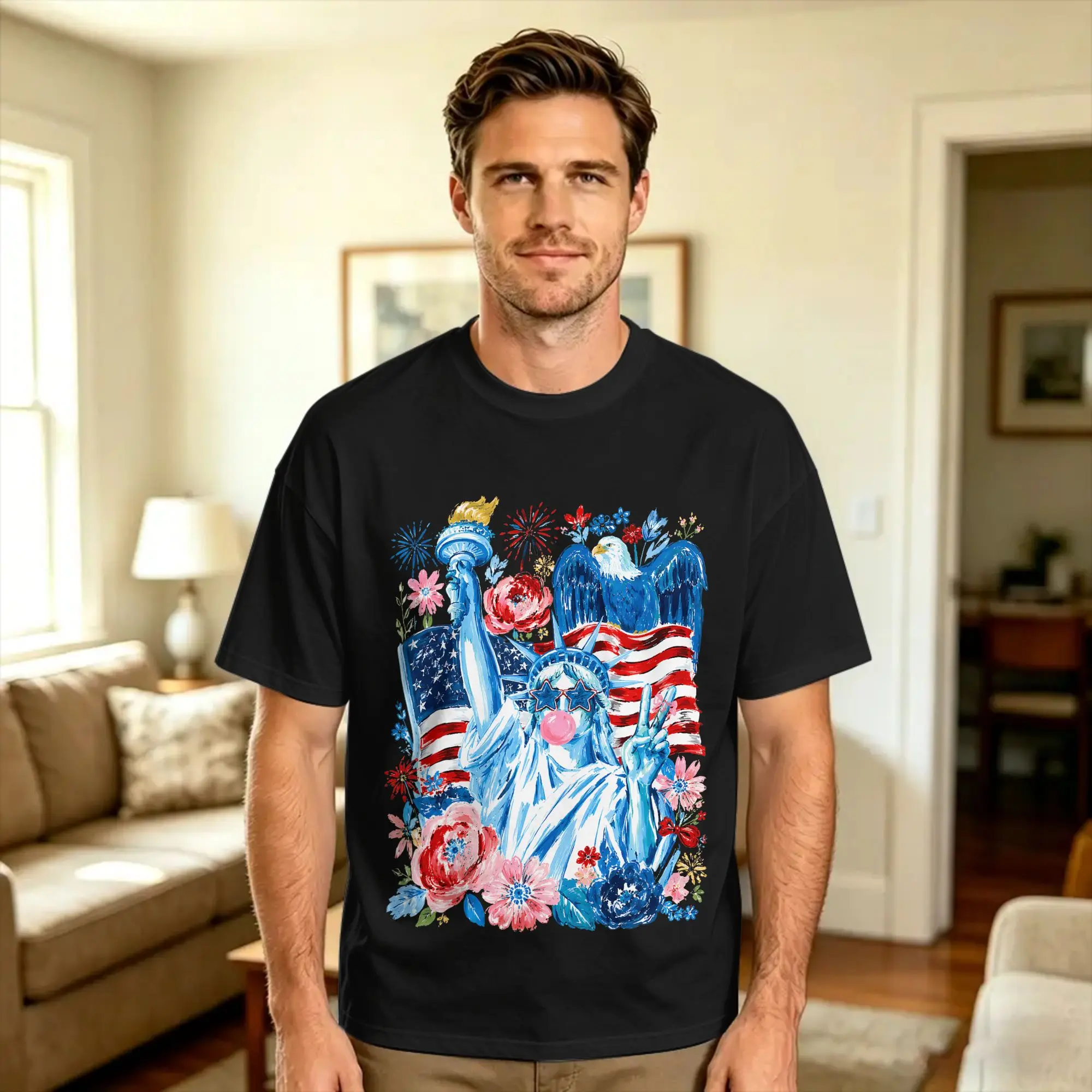 Men Women's T Shirt Brushstroke Statue of Liberty Blowing Bubble T-Shirts Hipster  Summer Tee Shirt Pure Cotton Clothes Gift