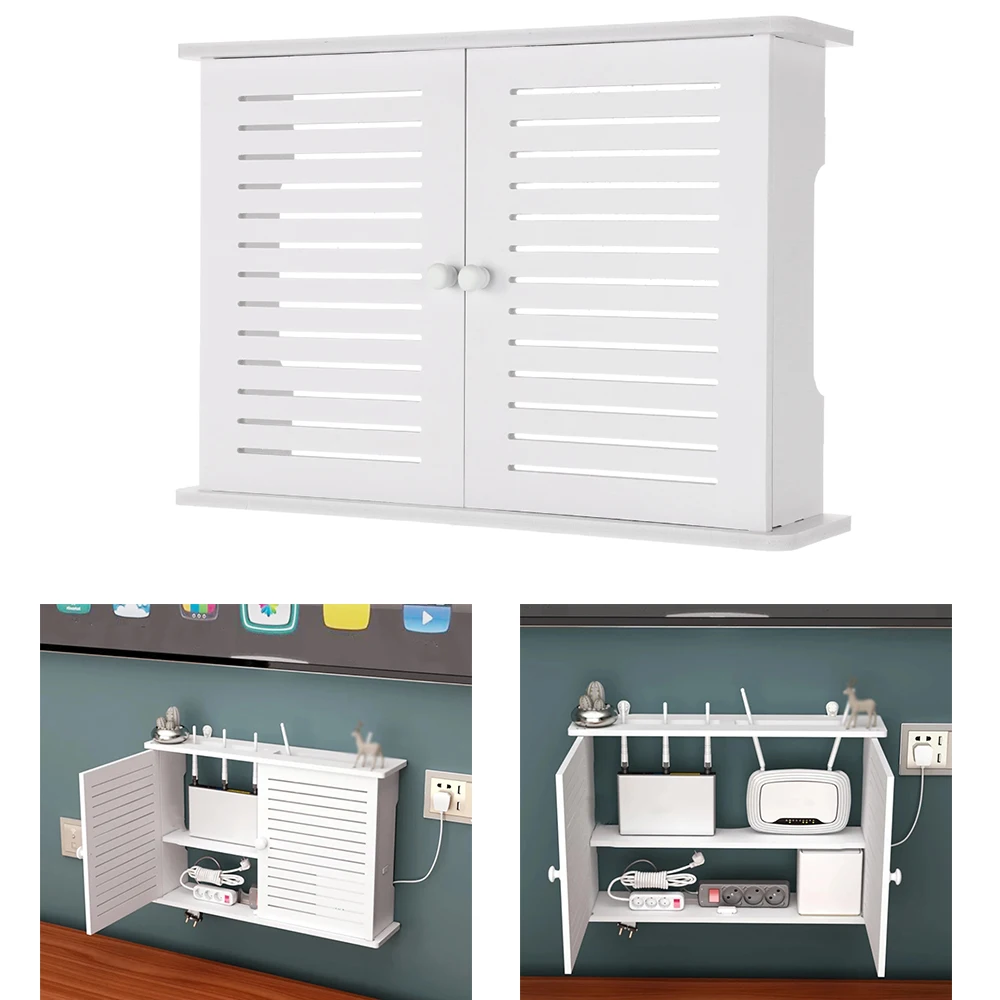 

Livingroom Wall-Mount Wifi Router Storage Box Punch-free Simple Installation Home Decorative Box White Wooden Storage Shelf