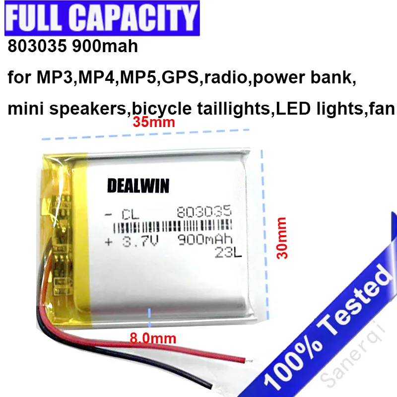 

3,7 В 803035 900 мАч Полимерная литиевая батарея, для MP3, MP4, MP5, GPS, радио, блока питания, мини-динамиков, задних фонарей для велосипеда, светодиодных фонарей, вентилятора