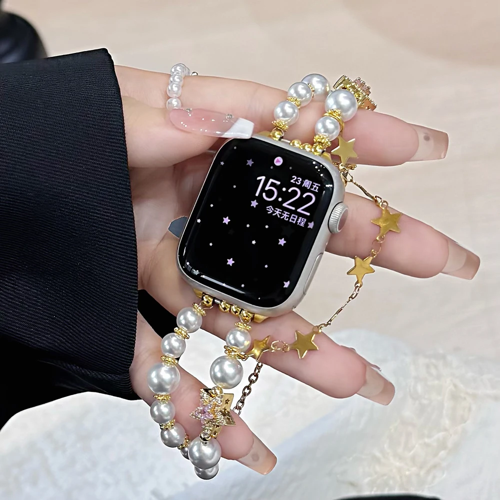 Luxury Lucky Star เพิร์ลโลหะสําหรับ Apple Watch Band 49 41 44 45 40 42 มม.ผู้หญิงเครื่องประดับนาฬิกาข้อมือสร้อยข้อมือสําหรับ iWatch 9 8 7 SE 6
