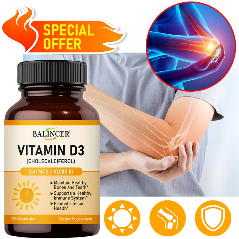 Vitamin D3 10,000 IU Capsules for Supporting Bone, Teeth, Muscle, Tissue and Immune Health, Non-GMO