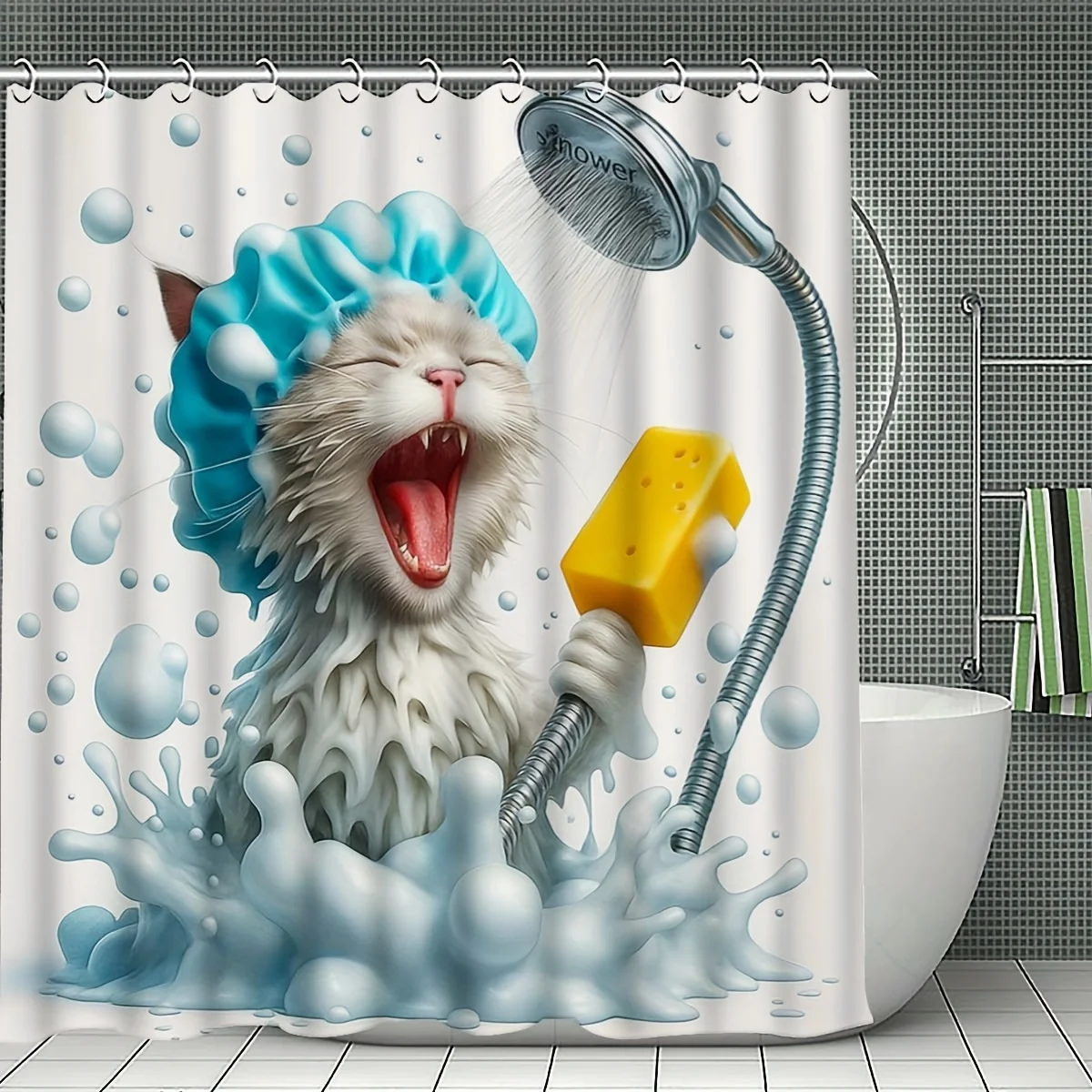

Забавный белый кот, который принимает душ с губкой и шапочкой для душа, мультяшная занавеска для душа для ванной комнаты, водонепроницаемая, влагостойкая, обеспечивающая конфиденциальность.