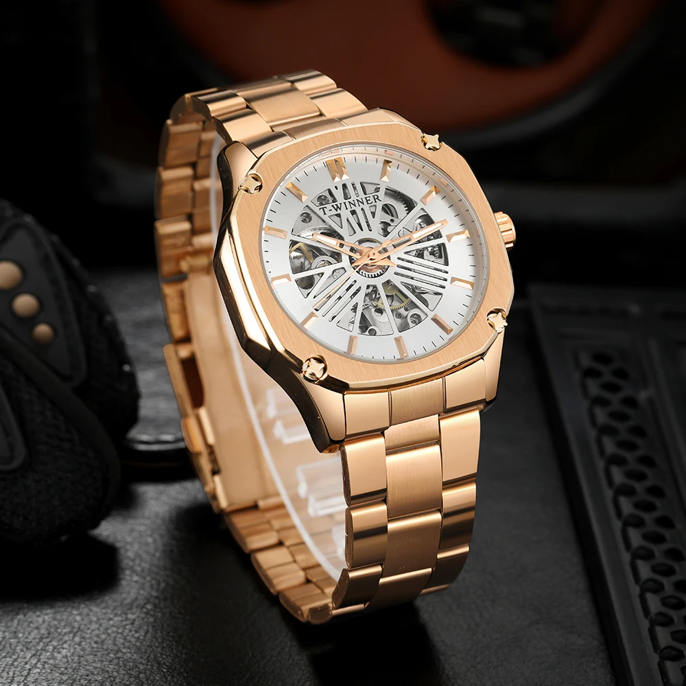 WINNER High-end Designer Luxury Rose Gold Automatic Movement Man Watch Stainless Steel Skeleton Mechanical Business Wristwatches