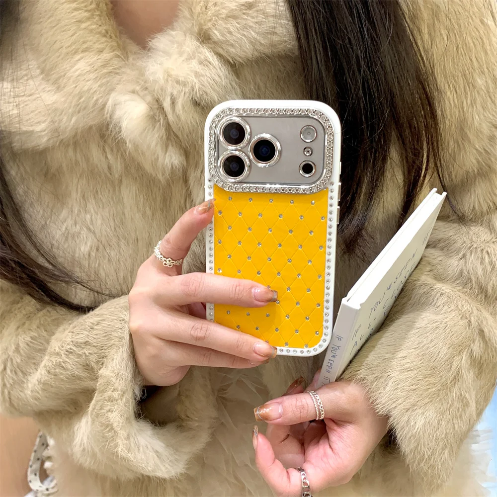 

for iPhone 17 Pro Max C Stylish Glitter Diamond Rhombus Pattern Phone Case for iPhone 16 15 14 13 Luxury PU Leather Cover