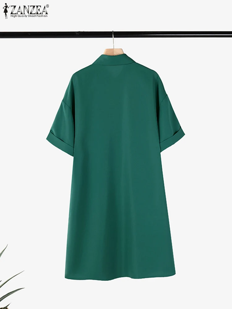 ZANZEA verano elegante solapa cuello manga corta vestido veraniego mujer camisa vestido elegante sólido OL vestido de trabajo hasta la rodilla Vestidos Kaftan