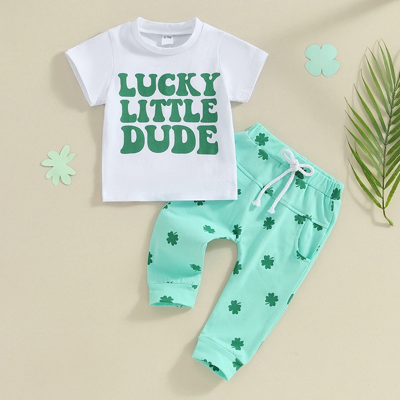 Stylish Infant St Patrick s Day Outfit Featuring Lucky Clover Print Tee and Matching Pants for Toddlers