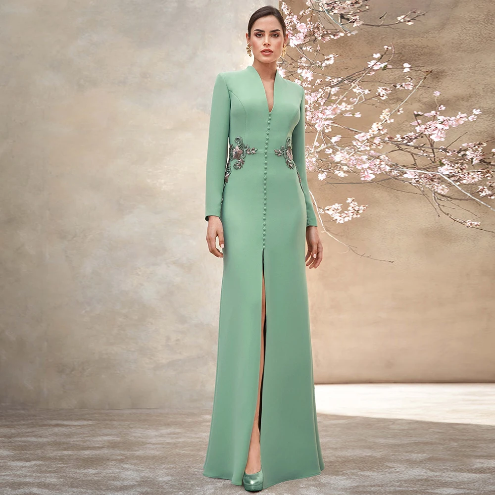 Customized Mother of the Bride/Groom Dress Mint V Neck Long Sleeves Wedding Guest Gowns for Women Applique Mermaid Formal Dress
