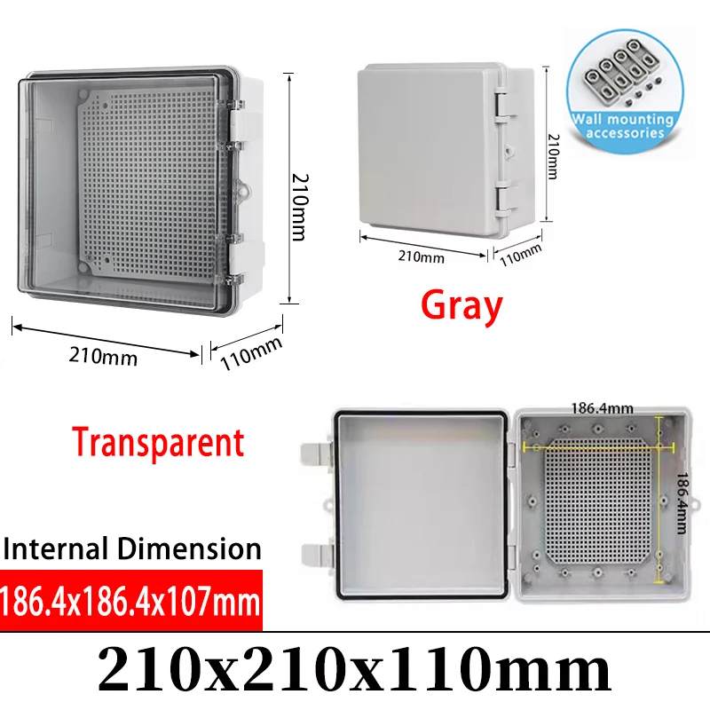 

IP66 Outdoor Waterproof Electronic Box Grey/Transparent Cover Distribution Case ABS Junction Box 210x210x110mm