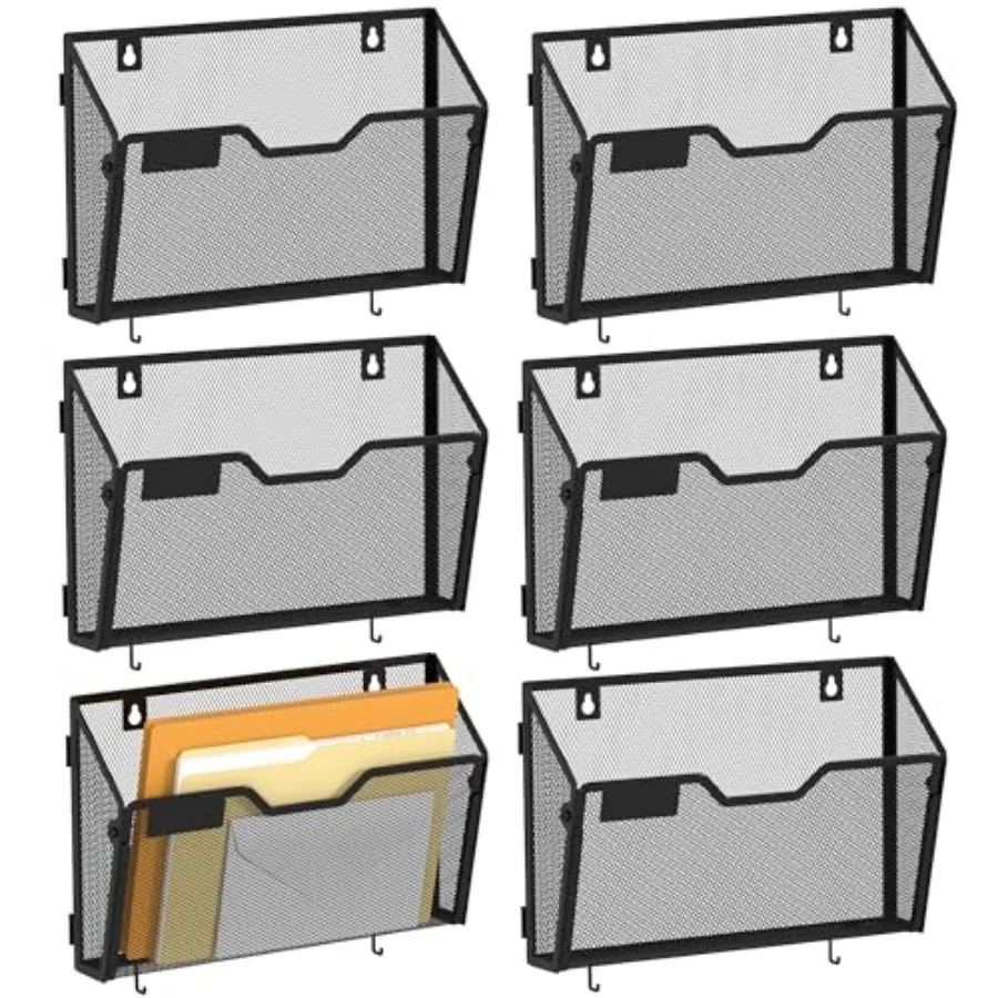 

6 Pack Mesh File Holders Wall Mounted - Durable Metal Hanging Organizer with Hooks - 12.6 Inch Vertical Wall Baskets for Mail P