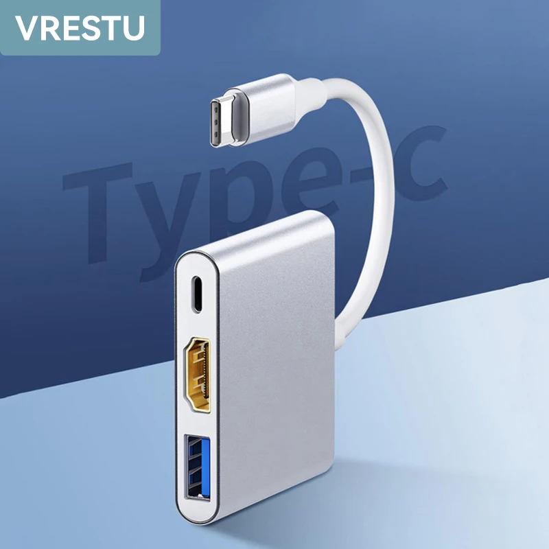 

3 in 1 USB C to HDTV Adaptor HUB Cable Converter for Apple Macbook Monitor 3.0 Type C Switcher 30Hz 4K Hdmi-compatible OTG Dock