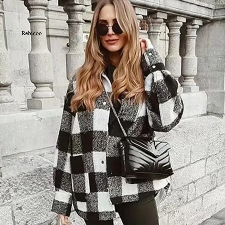 Women Winter Plaid Fleece Jacket Lady Fashion Long Sleeve Turn Down Collar Zipper Coat Parka Outwear