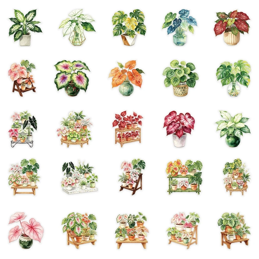 50Pcs Colorful Realistic Potted Plant Leaf Stickers for Journal Book Laptop Skateboard Helmet Reward DIY Decor Decals