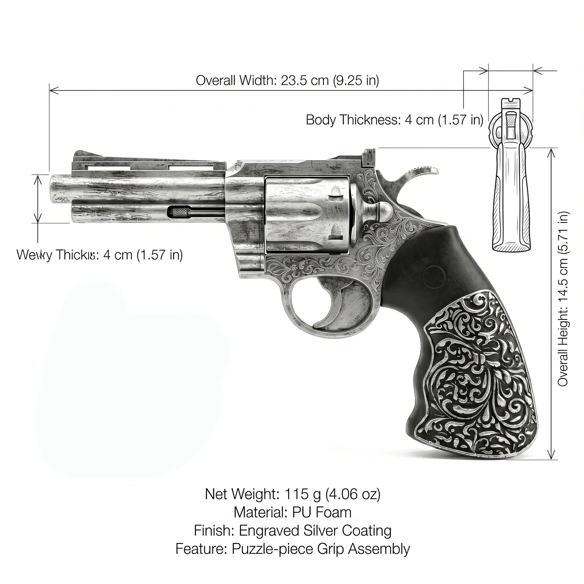 24cm PU Foam Western Revolver Replica Non Firing LARP Cosplay Prop Engraved Silver Cowboy Display Collectable Halloween Gift Toy