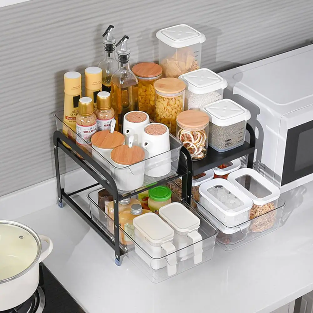 

1 Set Under-sink Storage Rack Carbon Steel Double Layer Hollow Sink Shelf Large Capacity Strong Load-bearing Kitchen Rack