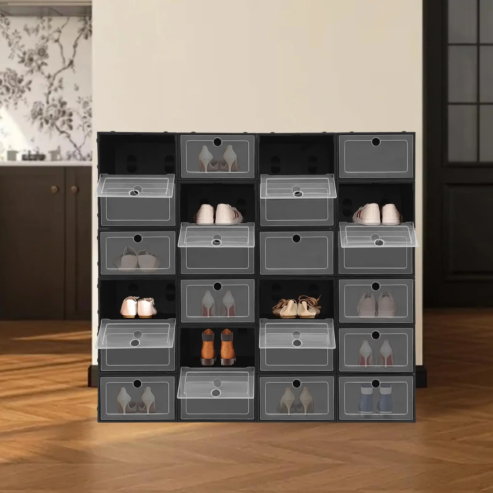 กล่องเก็บรองเท้า Eapmic 24 แพ็ค, ที่เก็บรองเท้าแบบวางซ้อนกันได้สําหรับตู้เสื้อผ้า, จอแสดงผลรองเท้าผ้าใบ, กล่องรองเท้าพลาสติกประหยัดพื้นที่, Sh ทนทาน