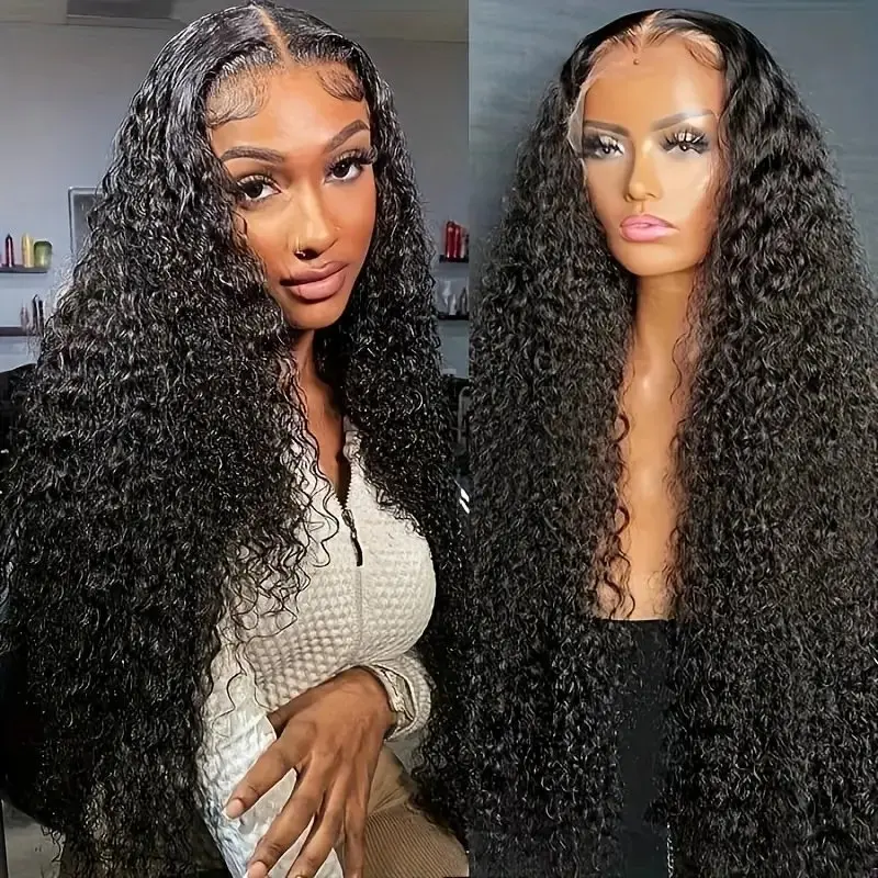 High Quality Natural black 13x4 HD Lace Frontal Wig Deep Wave 36 inch 180% Transparent Human Hair Curly Glueless Wig For Women