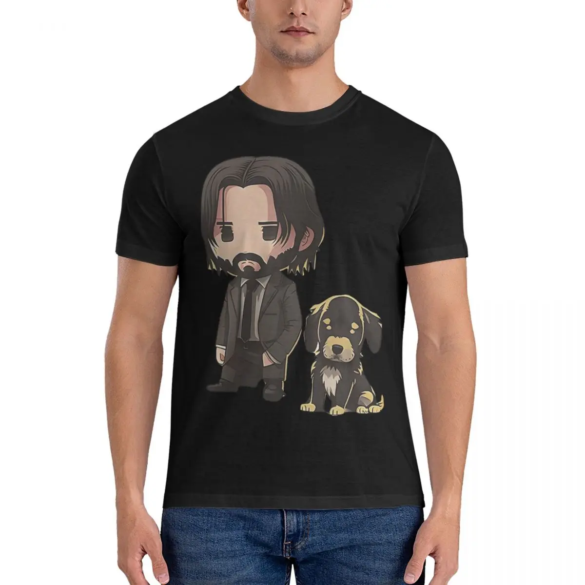 Cute John Wick With Pup T Shirt for Men 100% Cotton Novelty T-Shirts Round Collar keanu reeves T Short Sleeve Clothing 4XL 5XL