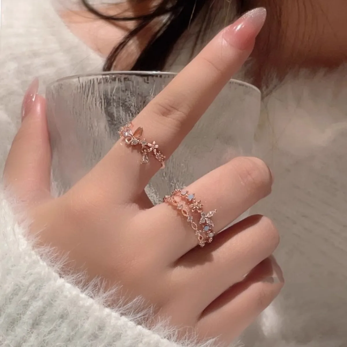 خاتم الزركون على شكل فراشة قابل للتعديل، خواتم من الفولاذ المقاوم للصدأ بطبقة مزدوجة مجوهرات لطيفة باللون الذهبي الوردي للنساء، فكرة هدية أفضل صديق