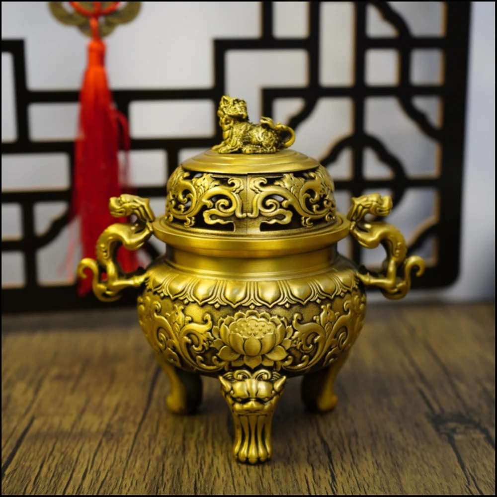 

Antique copper lion incense burner, Brass beast ear censer, Study Tea room decoration ornament, Pure copper aromatherapy burner