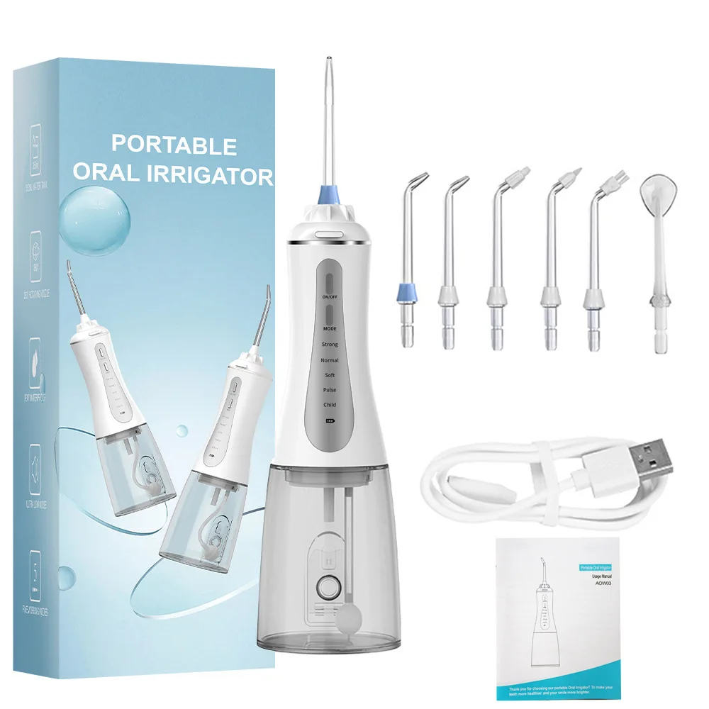 Powerful Oral Irrigator Portable Water Flosser Rechargeable 6Nozzles Dental Water Jet Pick Mouth Washing Machine 350ml Tank IPX7