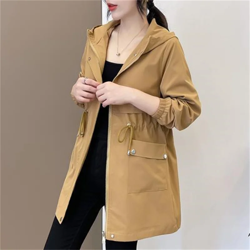 

2025 New Mid length Leisure Korean Spring Autumn Fashion Women's Trench Coat Jacket Slim Fit Female Windbreaker Outerwear