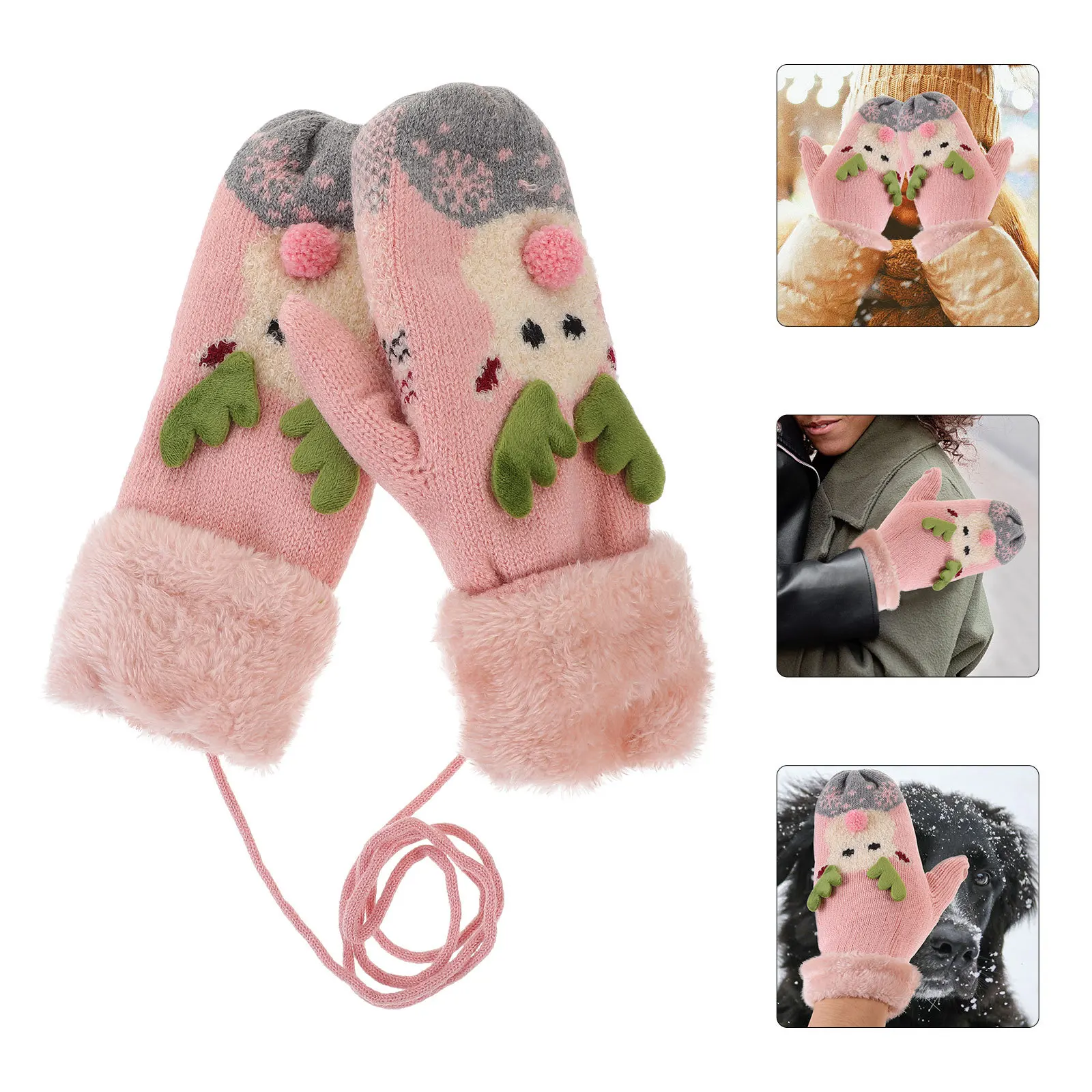 

Перчатки для холодной погоды, черные, зимние, теплые, для улицы, детские, с креплением на шею, рождественский подарок