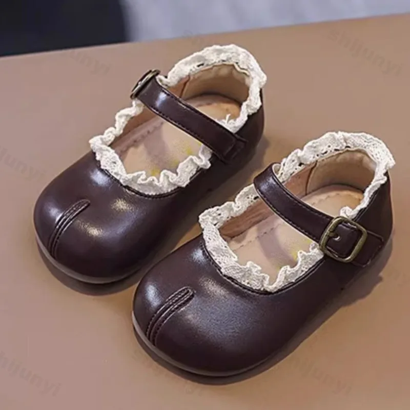 Children's Flats Spring Sweet Lace Fashion Buckle Strap Casual Leather Shoes Baby Girls Comfort Soft Lightweight Princess Shoes