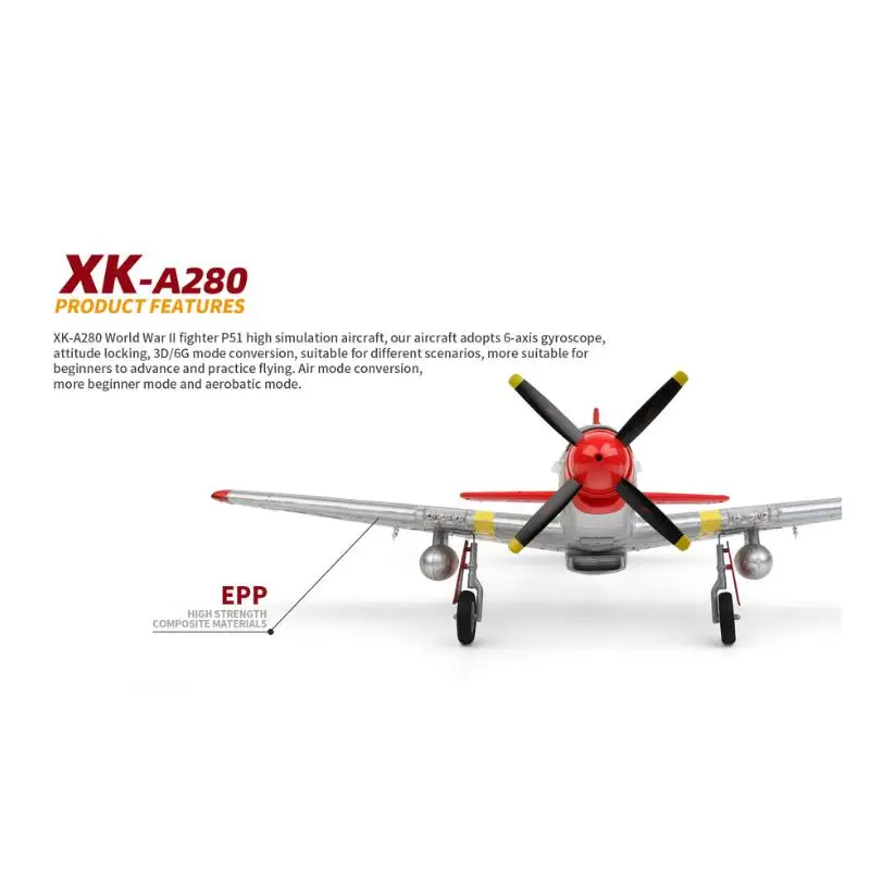 XK A280 P-51 3D/6G System 560mm Wingspan 2.4GHz 4CH EPP RC Airplane Fighter RTF With LED Lights for Beginner