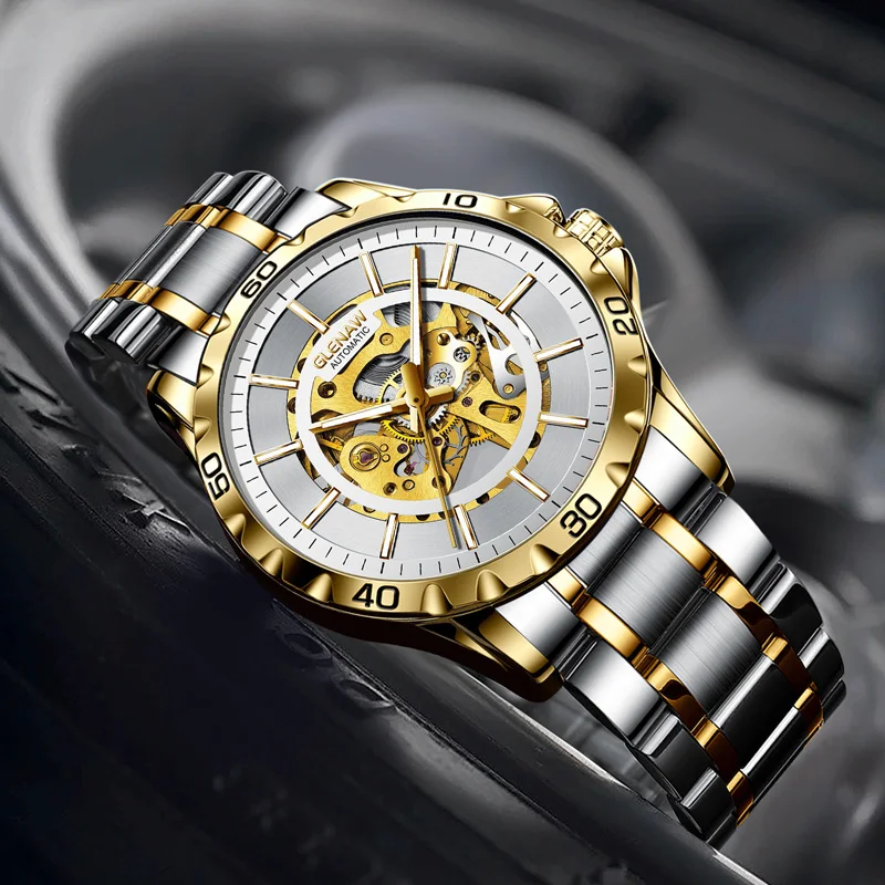 GLENAW Design Wheel frame dial mechanical watch men luminous waterproof luxury high quality automatic watch stainless steelstrap