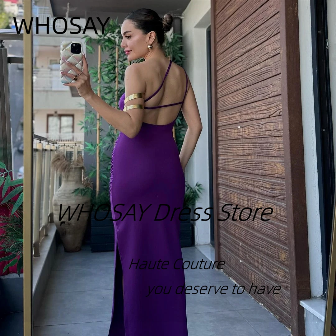 WHOSAY Real Image abiti da ballo viola con fiori abito monospalla Des abito da Cocktail Party abiti da sera con spacco laterale arricciato