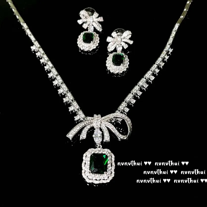 3pcs/set Elegant Bowknot Wedding Jewelry Sets Women Luxury Platinum Plating Green Zircon Stone Temperament Drop Earring Necklace