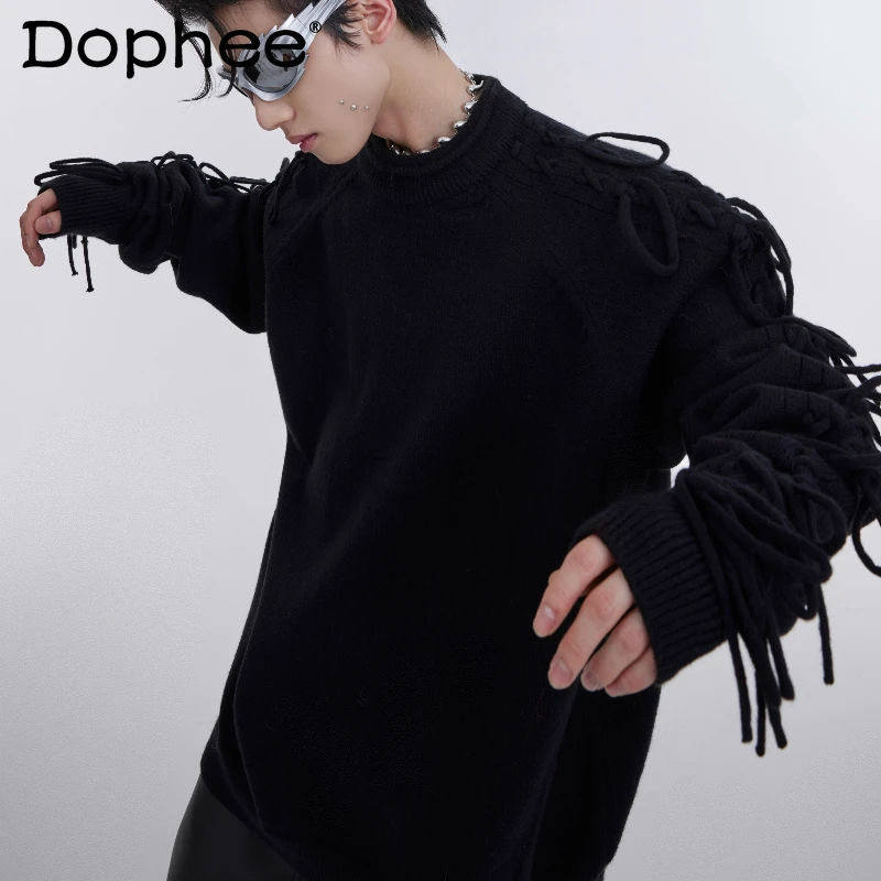 

Men's 2025 Spring Autumn New Fashion Knitwears Tassel Design Round Neck Chic Knitted Sweaters Loose Fashion Solid Color Sweaters