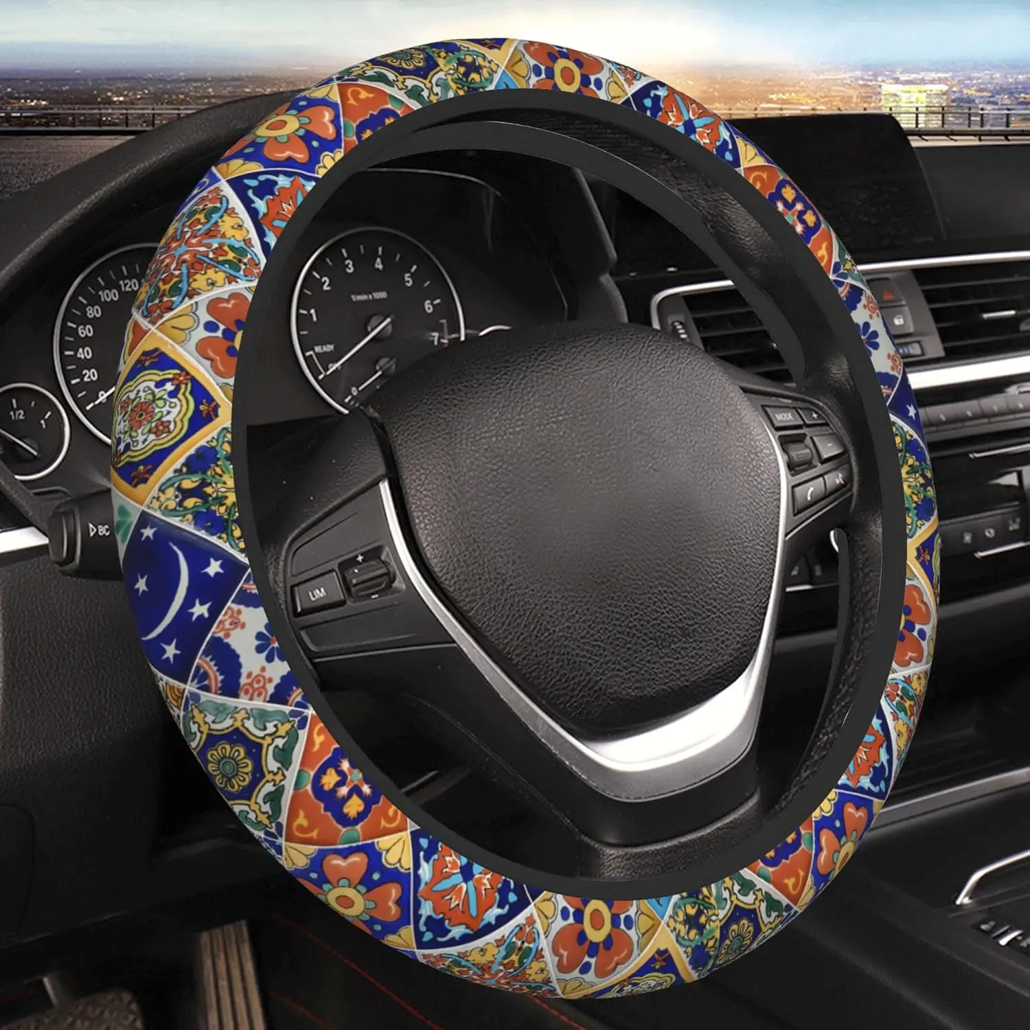 Mexican Talavera Tiles Style Steering Wheel Cover Auto Steering Wheel Protector Anti-Slip Universal Car Accessories15 Inch