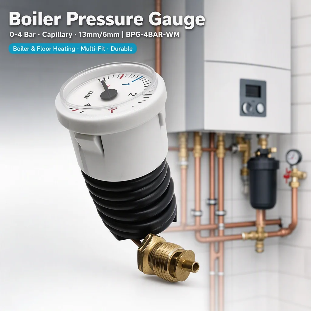 Wall Mounted Boiler Pressure Gauge 4 Bar Water Steam Indicator Plastic Metal Capillary Tube for Heating System Replacement Part
