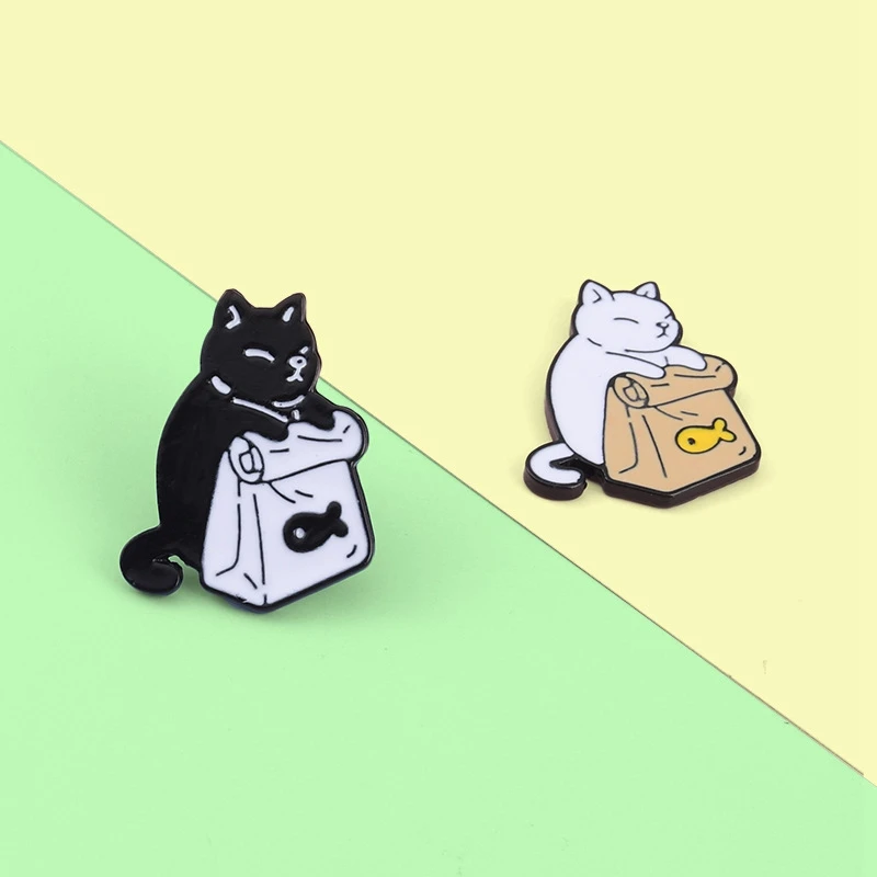 Cute Black White Cat-Enamel Fish Brooch Of Cartoon Animals Metal Funny Meme Badge Pins Funny Pins For Lapel Kids Women Bags