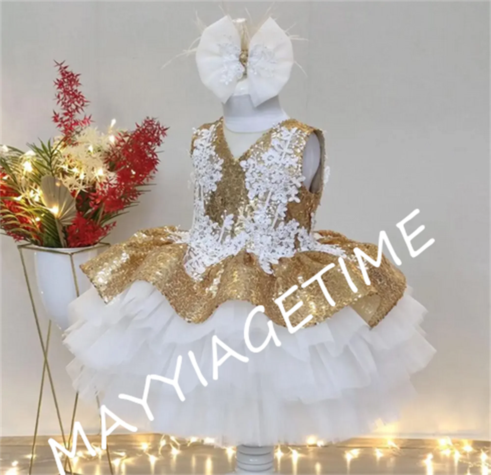 Gouden Sparkle Baby Meisje Jurk Tutu Lovertjes Peuter Feestjurk Fotoshoot Doop Jurk Verjaardag Jurk Met Strik