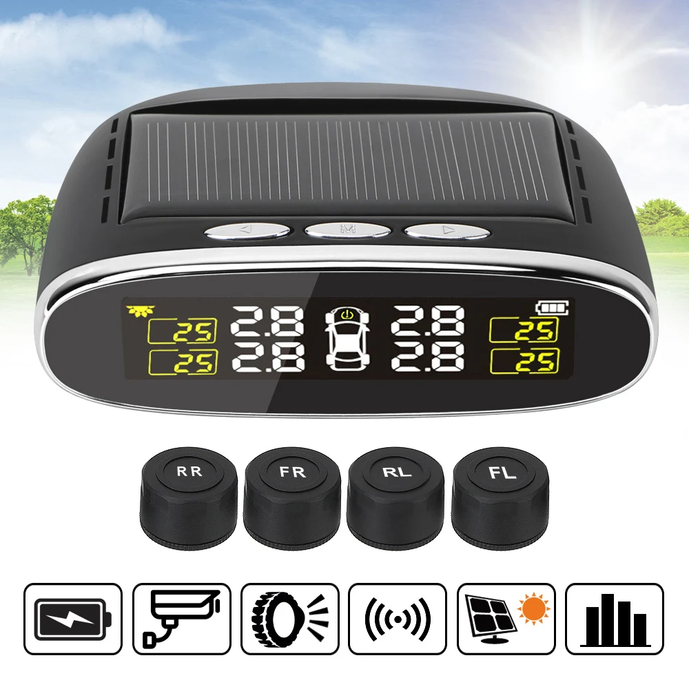 

USB Solar Charging Solar Power TPMS Car Tire Pressure Alarm Monitor System Temperature Alert With 4 Internal/External Sensor