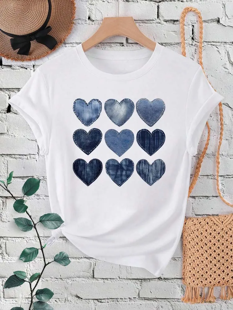 

Fashion Cowboy Heart Print T-Shirt Women's Crew Neck Short Sleeve Casual Top for Valentine's Day Gifts