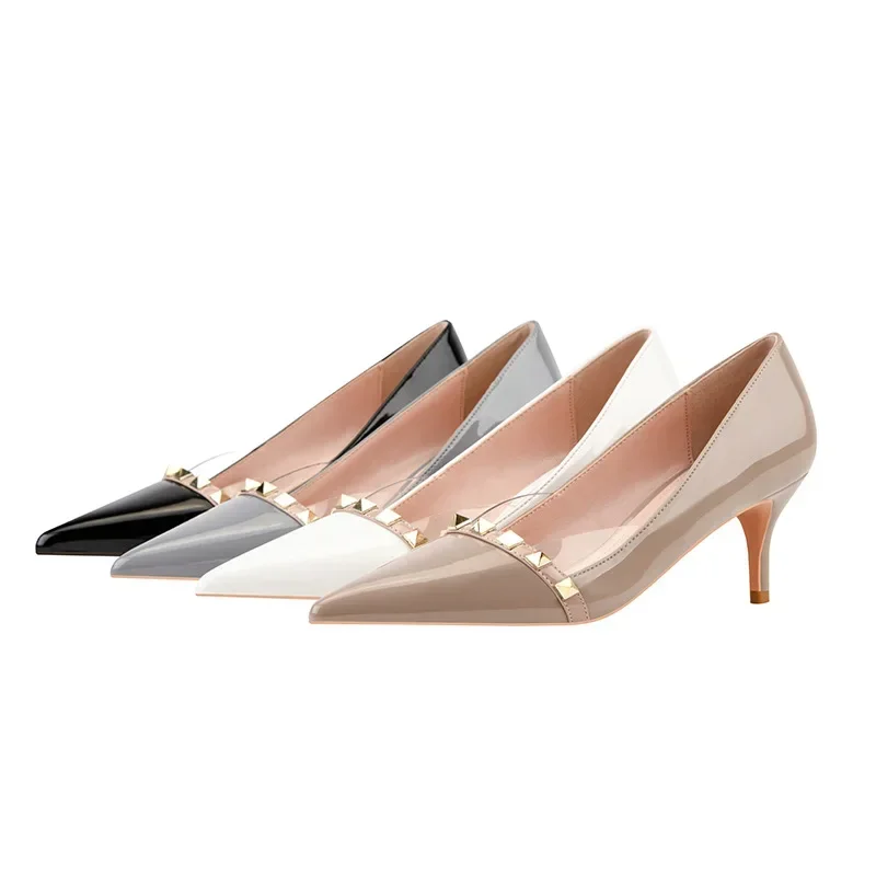 

6cm Designer Shoes Women Luxury Pointed Toe Patent Leather Pumps High Heels with Rivet Elegant for Women Shoes 39 40 41