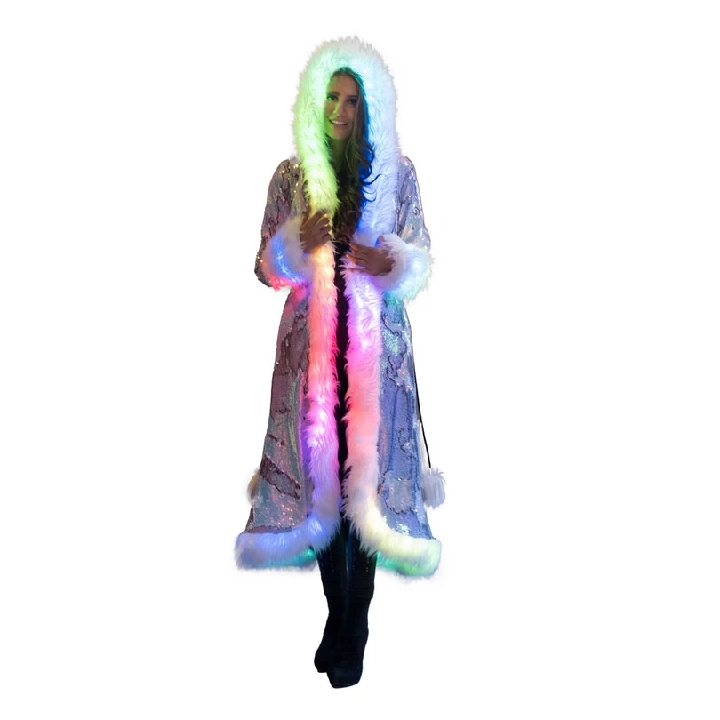 Women\'s Silver White Sequin Faux Fur Patchwork Coat Personalized LED Nightclub Long Coat Jacket Stage Party Costumes