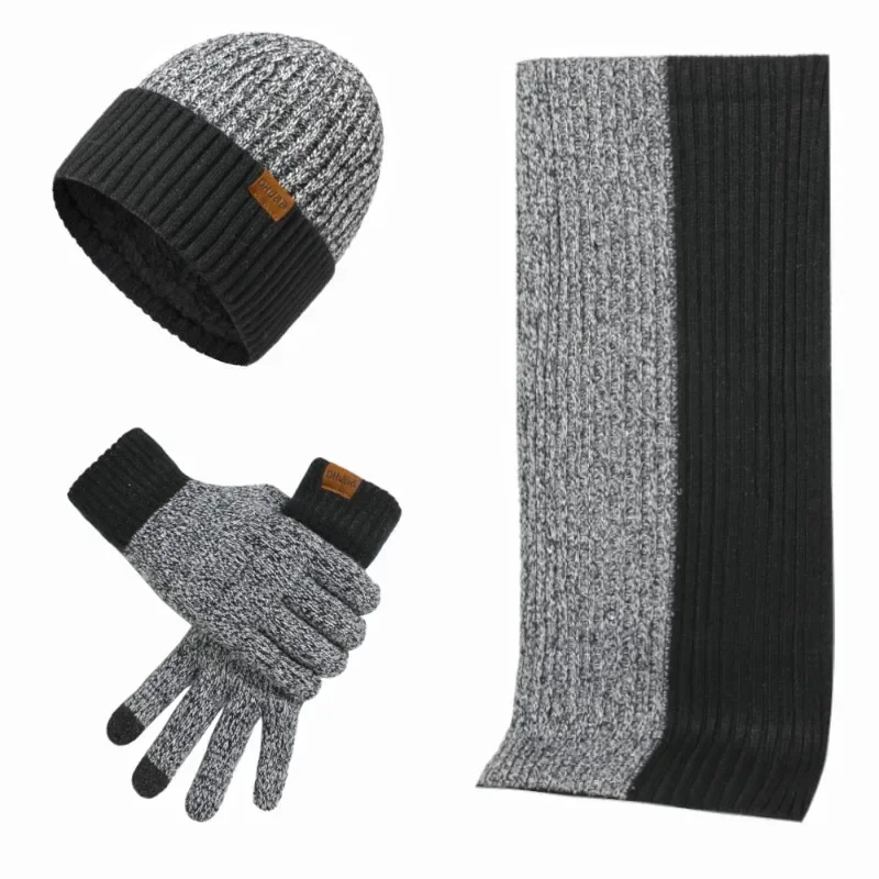 3in1 Hat Scarf Gloves Combo Winter Colorblock Fleece Knitted Hat Thickened Long Scarf Touchscreen Gloves Set for Women and Man