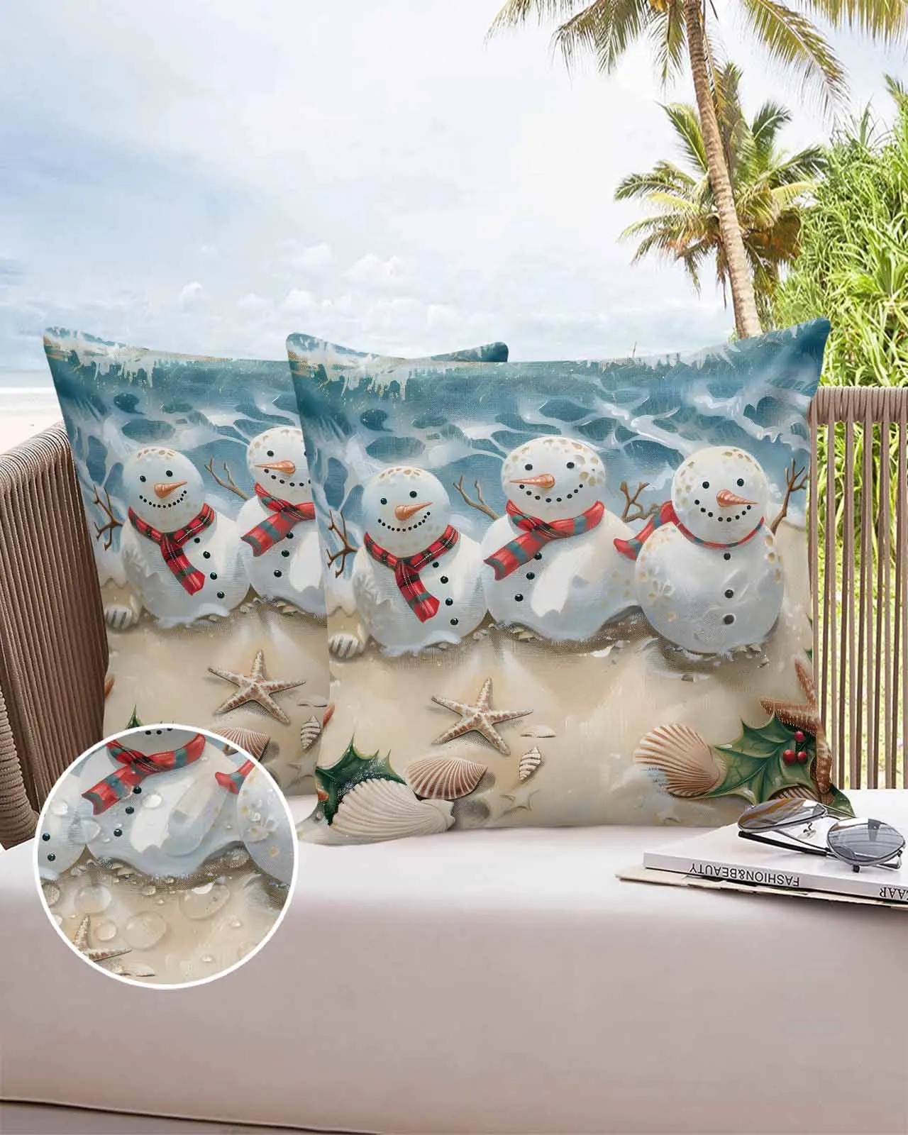 

2/4PCS Christmas Beach Snowman Sea Star Shell Decorative Sofa Throw Pillow Cover Case Garden Patio Cushion Covers