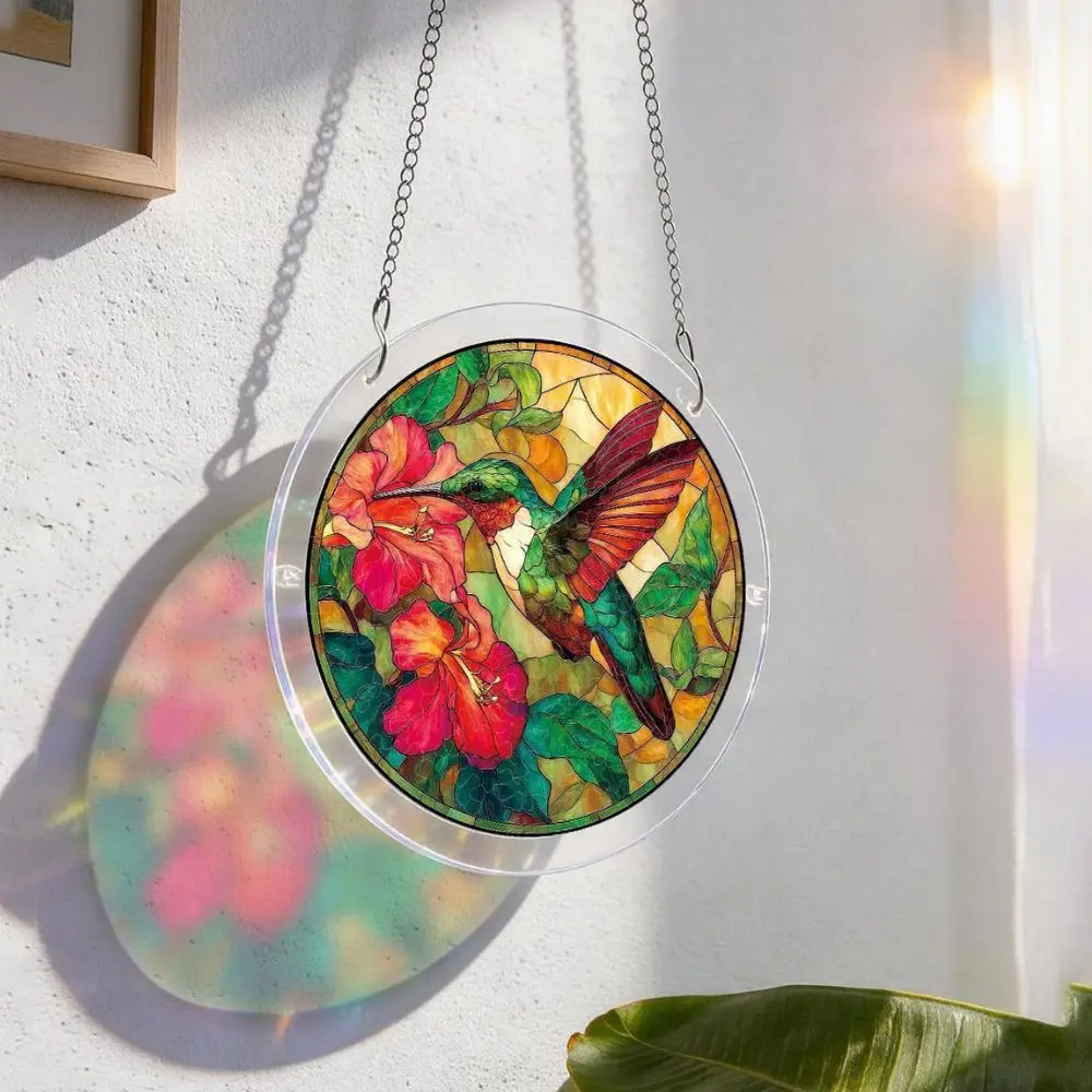 1 Piece Hummingbird Stained Glass Sun Catcher Window Hanging Decoration, Acrylic Puzzle Sun Catcher Ornament, Colorful Floral and Bird Window Decoration, Suitable for Garden/Balcony/Home Wall, Gift for Bird Enthusiasts and Gardening Enthusiasts