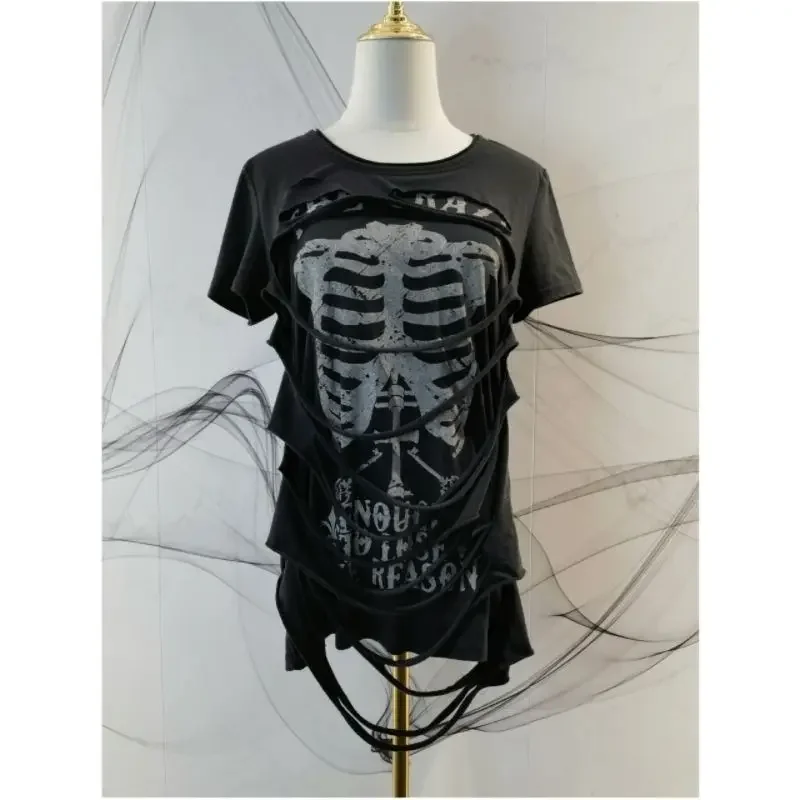 

American Vintage Fake Two Pieces T-Shirt Women Streetwear Hip Hop Goth Top Harajuku Grunge Y2k Tops Black Skull Hollow Tees 2024