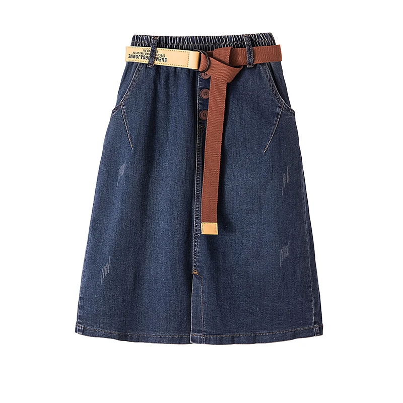 Women Denim Skirts Large Size Elastic Waist Mid Length Jean Skirt Spring Summer Solid Color Office Lady Faldas