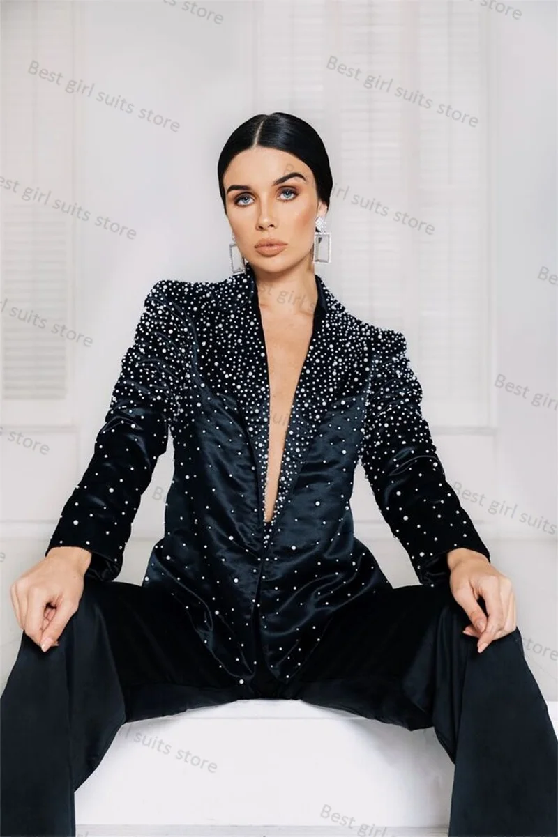 Satin Crystals Women Suit Set 2 Piece Blazer+Pants Wedding Tuxedos Formal Office Lady Jacket Coat Guest Prom Dress Tailored Made