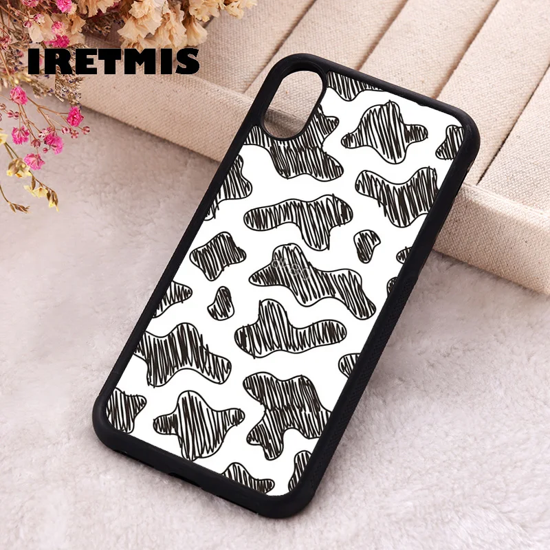 Iretmis Phone Cover Cases For iPhone X XS Max XR 11 12 13 PRO MINI 14 15 16 Plus Rubber Silicone Cow Print Sketch Pattern