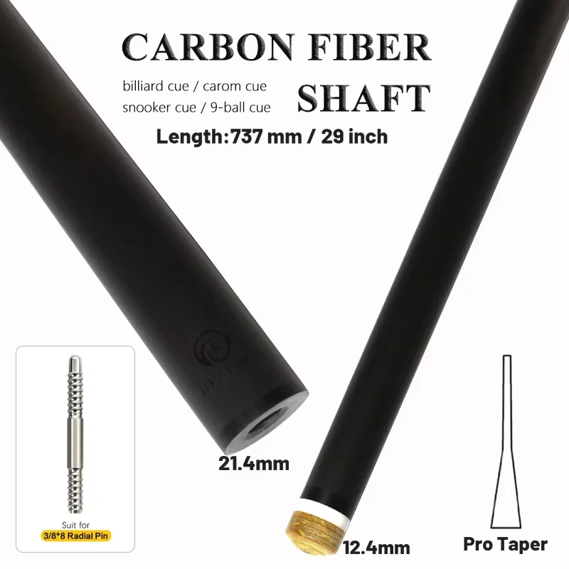 Carbon Fiber Shaft 12.4-21.4-737mm Pro Taper for Snooker Pool Cue Sticks, Ultra-Low Deflection, Billiards Cue Shaft for Play Cue, Upper Part of Cue, 12.4mm Tip, 29inch, Radial Flat Pin, Foam Filled, Home Game Rooms and Professional Tournament Play