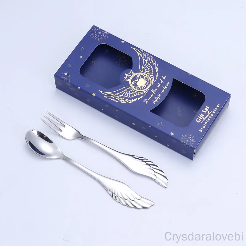 Wing Spoon And Fork Set Stainless Steel Tableware Golden Coffee Spoon Dessert Fork Three-tooth Fork In-store Gift