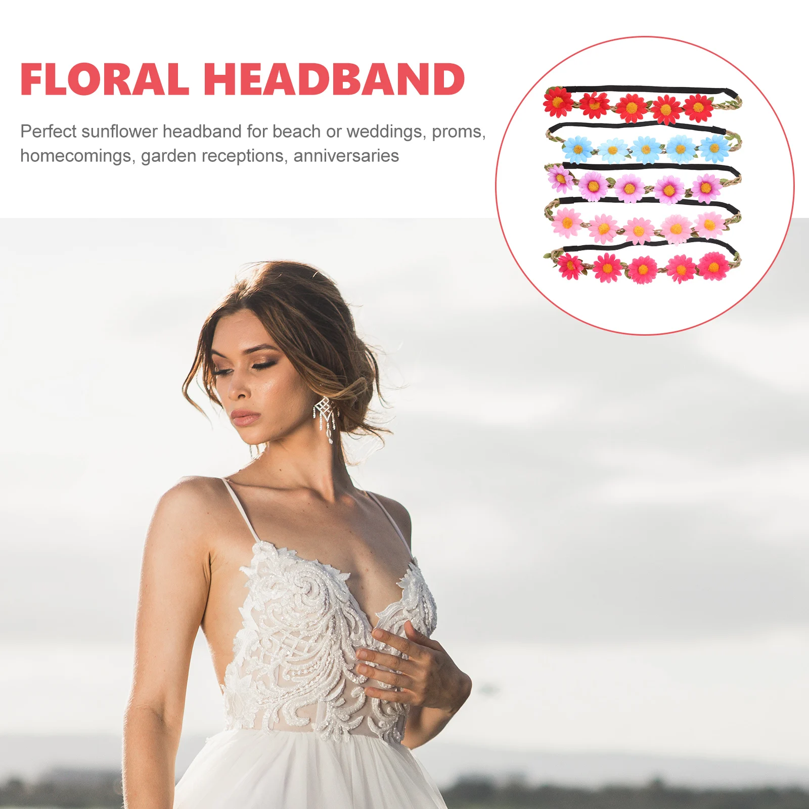 

5pcs Hair B Headb Floral Sunflower Bridal Headdress Wreath Tiara Wedding Accessory Blue Red Purple Pink Rose Elastic